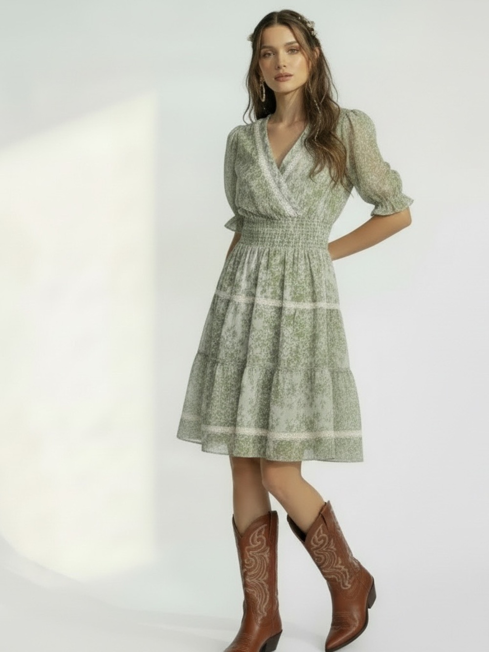 NWT Taylor Fairy Modest Puff Sleeve Prairie Cottage Green Floral Mini Dress Sz 2